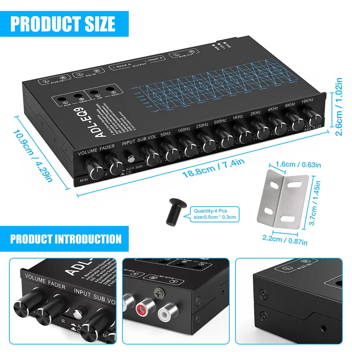Facmogu 9-Band Car Audio Equalizer EQ with 8V RMS Line Driver, 12V DC - view 4
