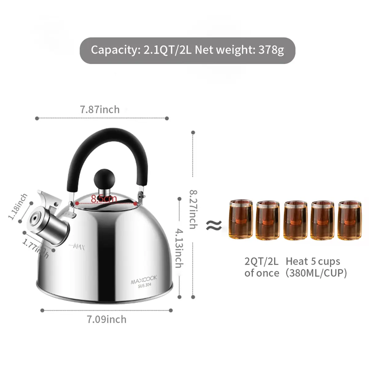 MAXCOOK 304 Stainless Steel Whistling Tea Kettle 2.1 Quart (2L) | Induction Stovetop Safe - view 6
