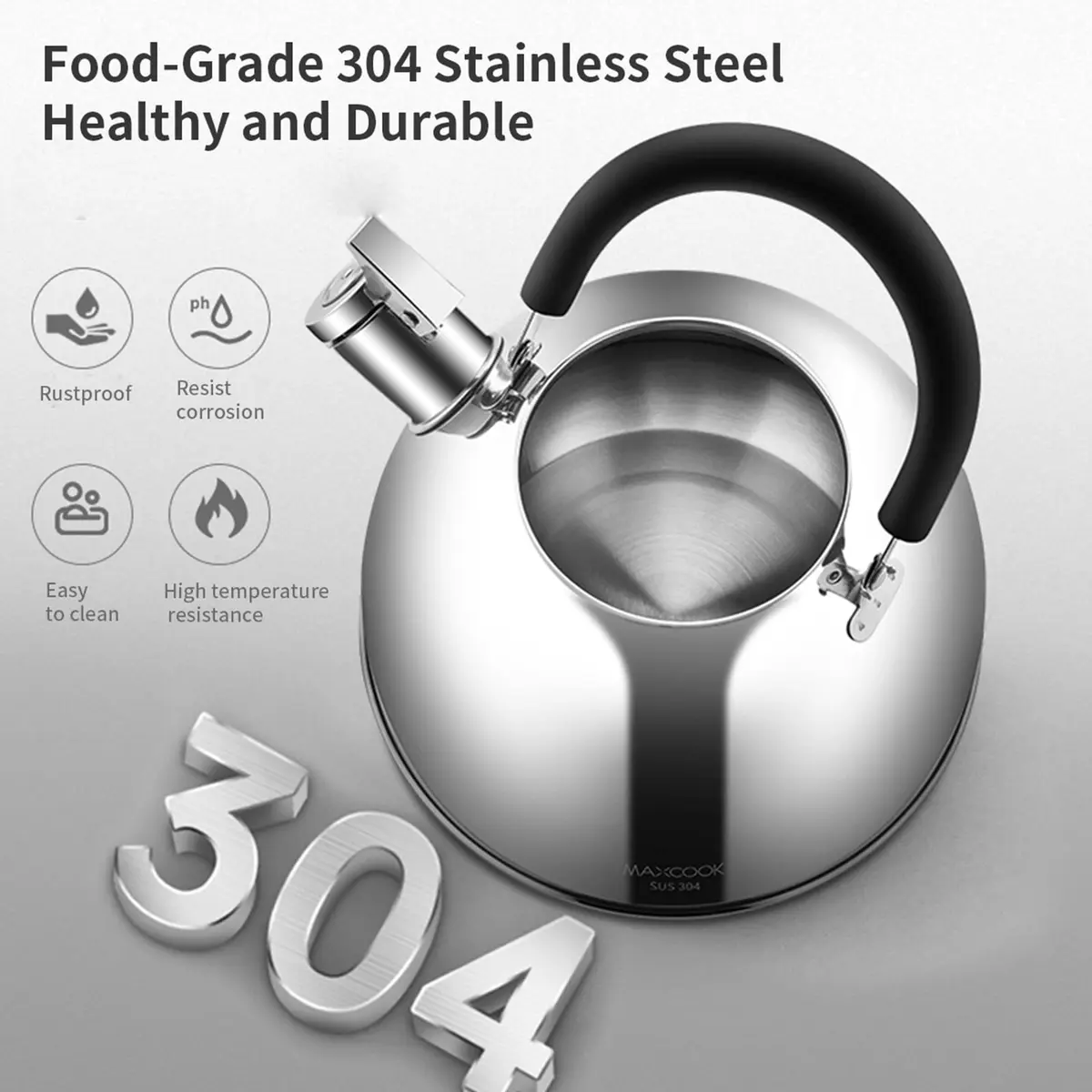 MAXCOOK 304 Stainless Steel Whistling Tea Kettle 2.1 Quart (2L) | Induction Stovetop Safe - view 2
