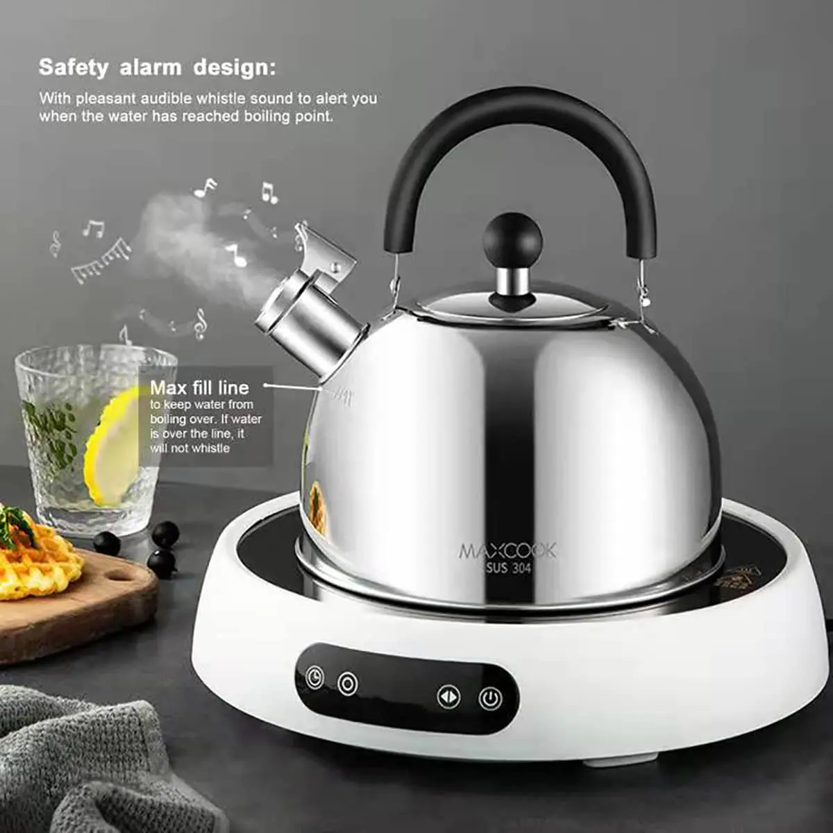 MAXCOOK 304 Stainless Steel Whistling Tea Kettle 2.1 Quart (2L) | Induction Stovetop Safe - view 3