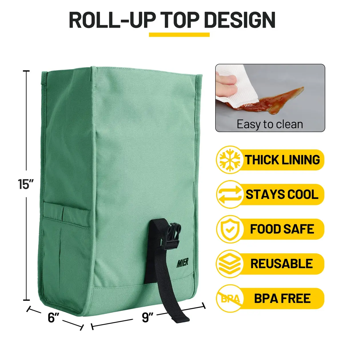 MIER Insulated Lunch Bag Roll-Top Lunchbox for Adults, Green | 9L x 6W x 15H inches (23cm x 15cm x 38cm) - view 4