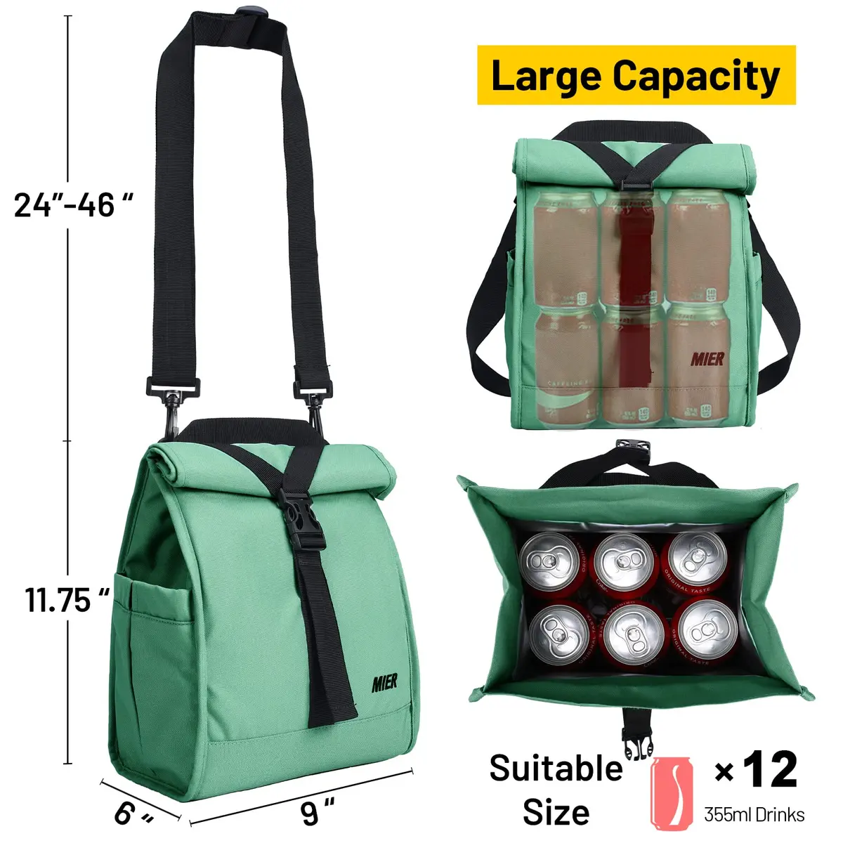 MIER Insulated Lunch Bag Roll-Top Lunchbox for Adults, Green | 9L x 6W x 15H inches (23cm x 15cm x 38cm) - view 7