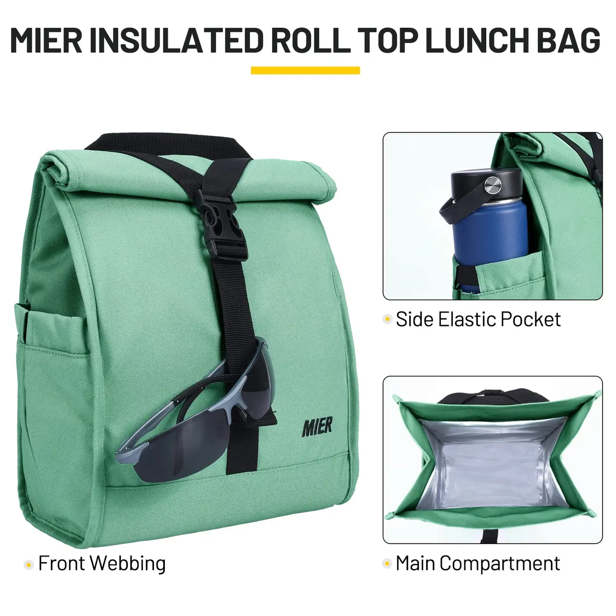 MIER Insulated Lunch Bag Roll-Top Lunchbox for Adults, Green | 9L x 6W x 15H inches (23cm x 15cm x 38cm) - view 2