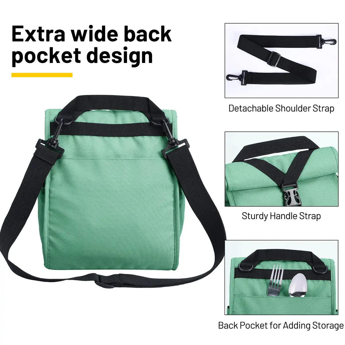 MIER Insulated Lunch Bag Roll-Top Lunchbox for Adults, Green | 9L x 6W x 15H inches (23cm x 15cm x 38cm) - view 3
