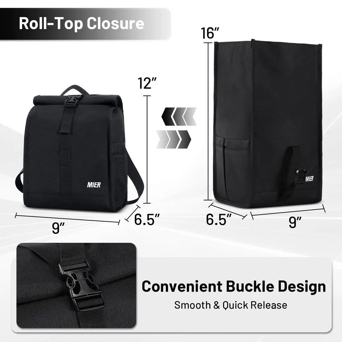 MIER Insulated Lunch Bag Roll-Top Lunchbox for Adults, Black | 16.5 L x 9 W x 11.75 D inches (426 L) - view 2
