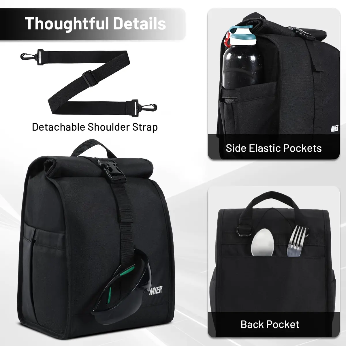 MIER Insulated Lunch Bag Roll-Top Lunchbox for Adults, Black | 16.5 L x 9 W x 11.75 D inches (426 L) - view 3