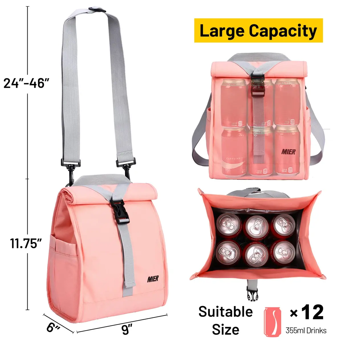 MIER Insulated Lunch Bag Roll-Top Lunchbox for Adults, Pink | 9 L x 6 W x 15 H inches (25.4 cm) - view 7