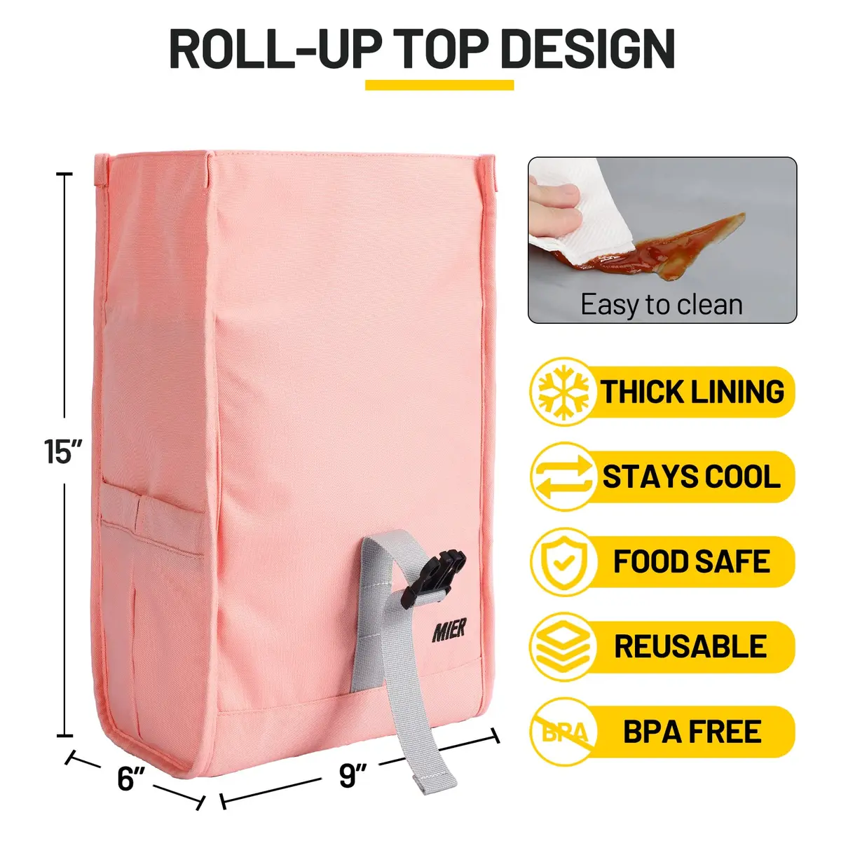 MIER Insulated Lunch Bag Roll-Top Lunchbox for Adults, Pink | 9 L x 6 W x 15 H inches (25.4 cm) - view 2