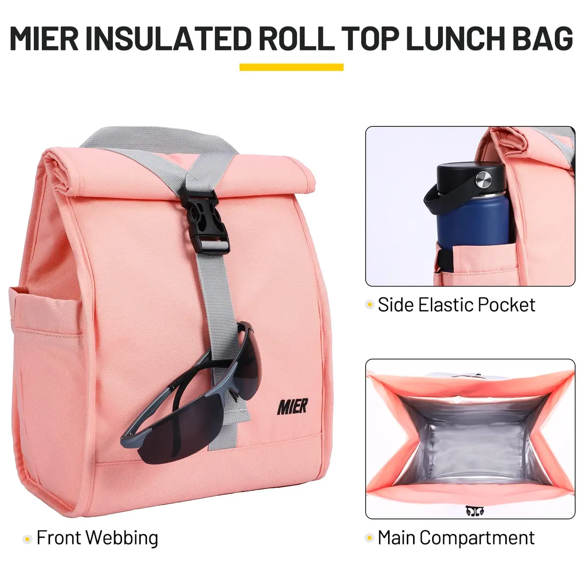 MIER Insulated Lunch Bag Roll-Top Lunchbox for Adults, Pink | 9 L x 6 W x 15 H inches (25.4 cm) - view 3
