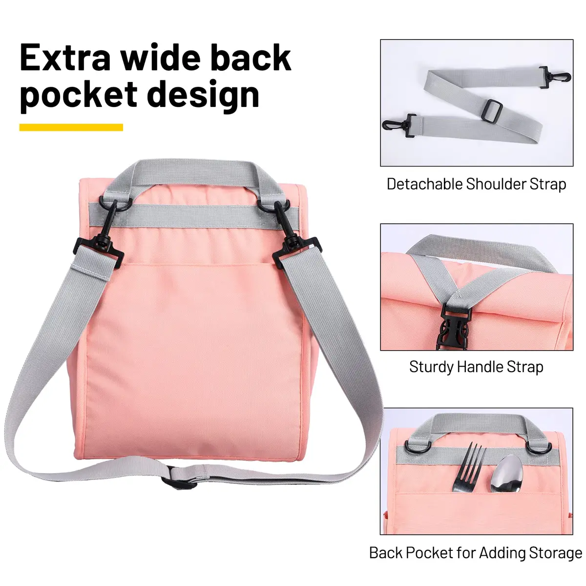 MIER Insulated Lunch Bag Roll-Top Lunchbox for Adults, Pink | 9 L x 6 W x 15 H inches (25.4 cm) - view 4