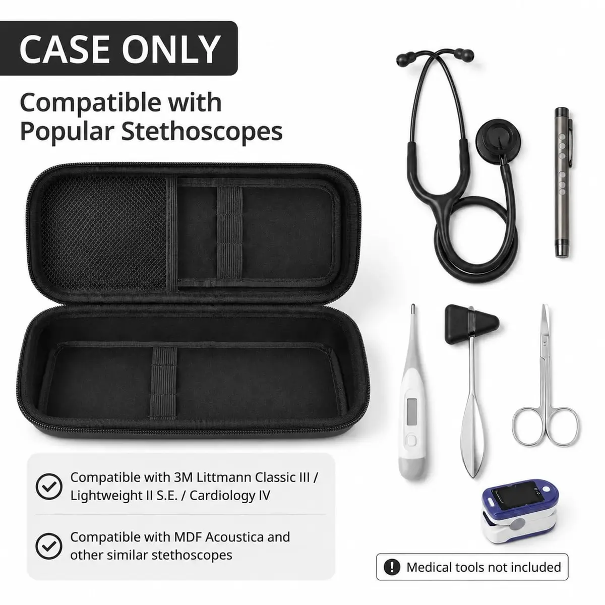 ALKOO Professional Healthcare Stethoscope Case for 3M Littmann Classic III/Cardiology IV, Black (11" L x 4.7" W x 2.4" H) | Protects Your Essential Medical Tool - view 2