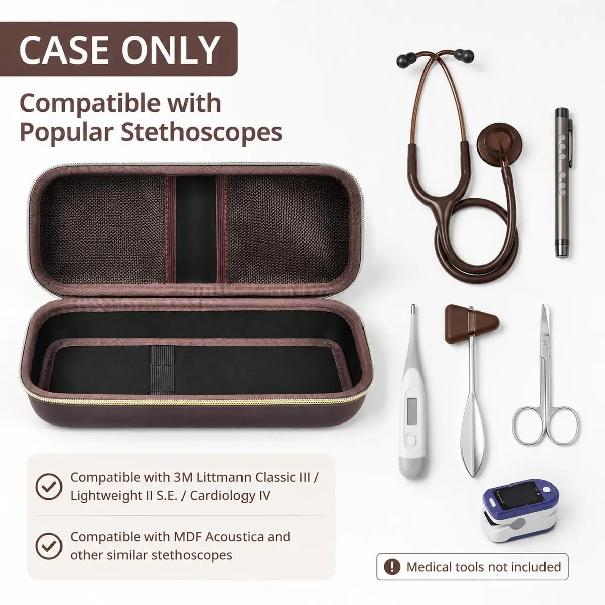 ALKOO Stethoscope Case for 3M Littmann Classic III/Cardiology IV, Brown, 27.7cm (11.02in) | Protects Your Diagnostic Tools - view 2
