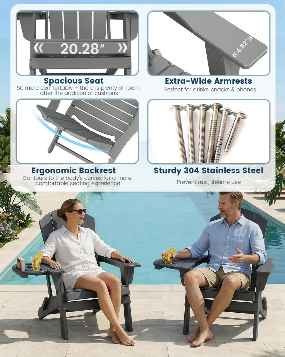 FOOWIN Folding Adirondack Chair Set of 2 | Weatherproof HDPE Outdoor Chairs in Grey - view 5
