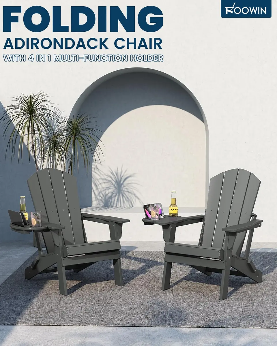 FOOWIN Folding Adirondack Chair Set of 2 | Weatherproof HDPE Outdoor Chairs in Grey - view 6
