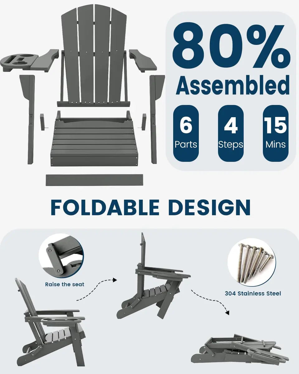 FOOWIN Folding Adirondack Chair Set of 2 | Weatherproof HDPE Outdoor Chairs in Grey - view 8