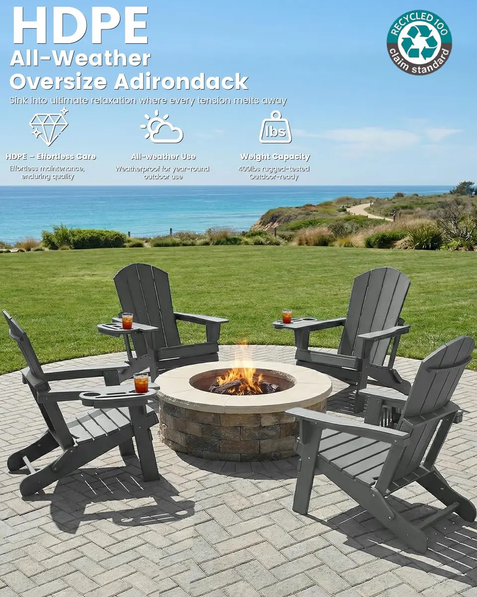 FOOWIN Folding Adirondack Chair Set of 2 | Weatherproof HDPE Outdoor Chairs in Grey - view 3