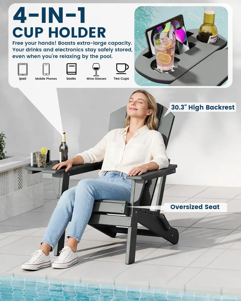 FOOWIN Folding Adirondack Chair Set of 2 | Weatherproof HDPE Outdoor Chairs in Grey - view 4