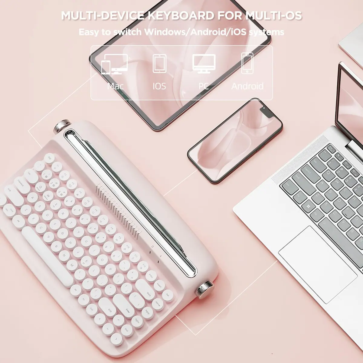 YUNZII ACTTO B303 Retro Typewriter Bluetooth Keyboard (Baby Pink) | 84-Key Compact Wireless Keyboard with Integrated Stand - view 6