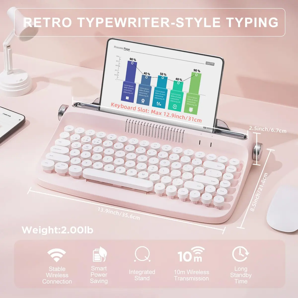 YUNZII ACTTO B303 Retro Typewriter Bluetooth Keyboard (Baby Pink) | 84-Key Compact Wireless Keyboard with Integrated Stand - view 2