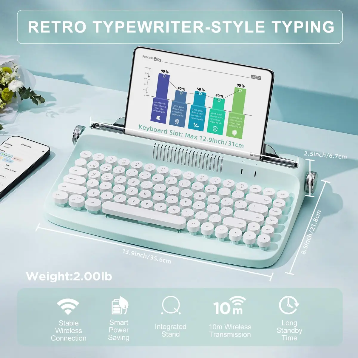 YUNZII ACTTO B303 Wireless Retro Typewriter Keyboard Sweet Mint | Bluetooth 5.0, 84-Key Compact Layout - view 2