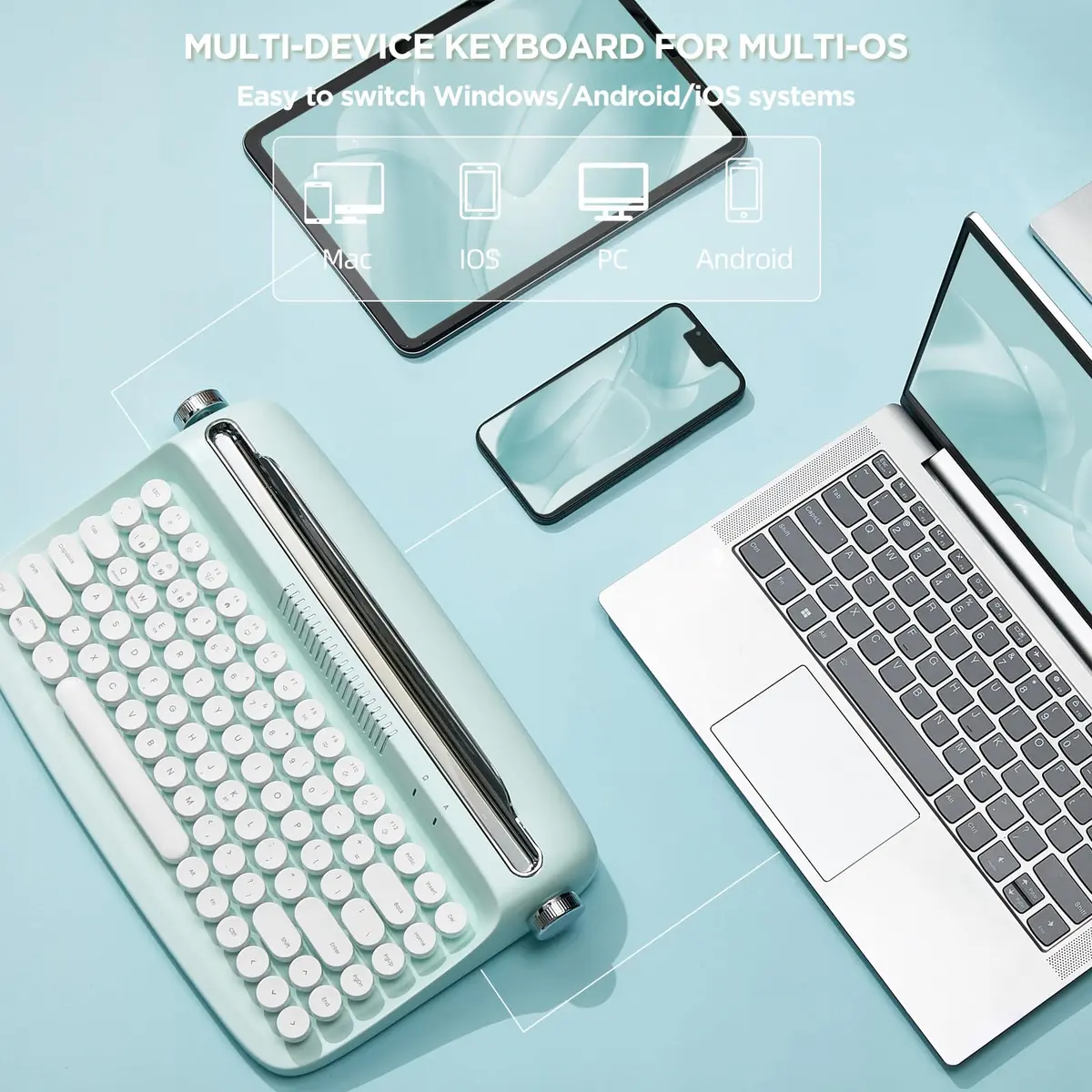 YUNZII ACTTO B303 Wireless Retro Typewriter Keyboard Sweet Mint | Bluetooth 5.0, 84-Key Compact Layout - view 4