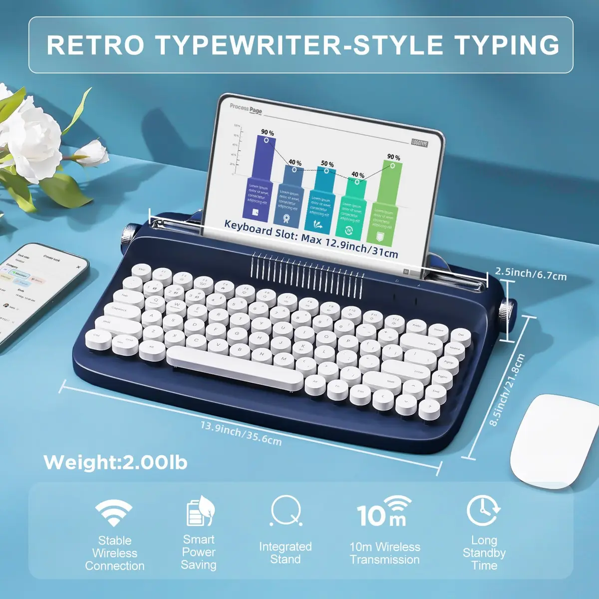 YUNZII ACTTO B303 Wireless Retro Typewriter Bluetooth Keyboard (Midnight) | Compact Vintage Design with 86 Keys - view 2