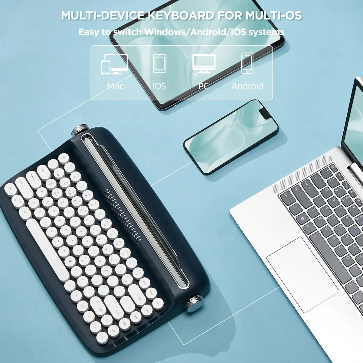 YUNZII ACTTO B303 Wireless Retro Typewriter Bluetooth Keyboard (Midnight) | Compact Vintage Design with 86 Keys - view 3