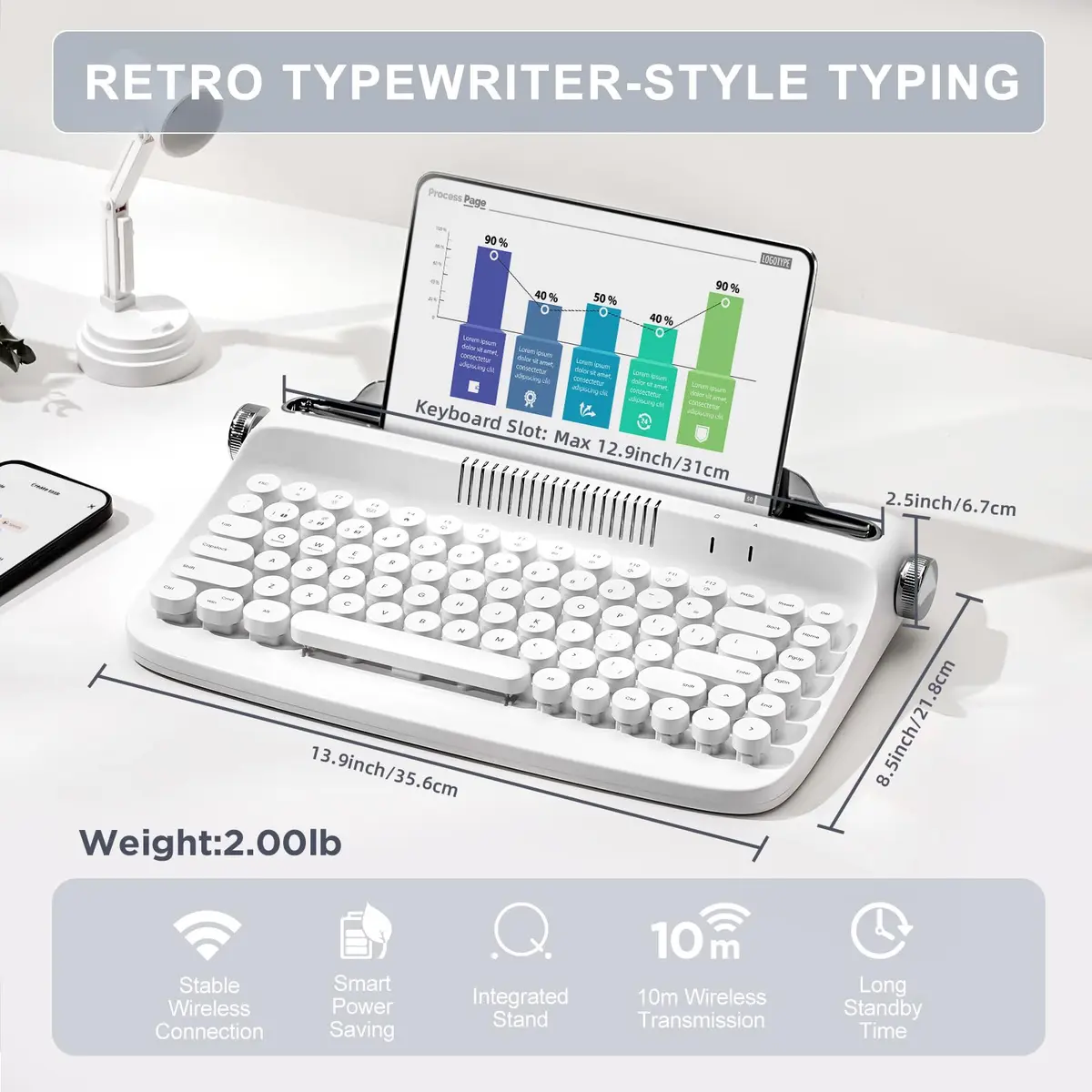 YUNZII ACTTO B303 Wireless Retro Typewriter Bluetooth Keyboard Snow White | Compact, Vintage Style - view 2