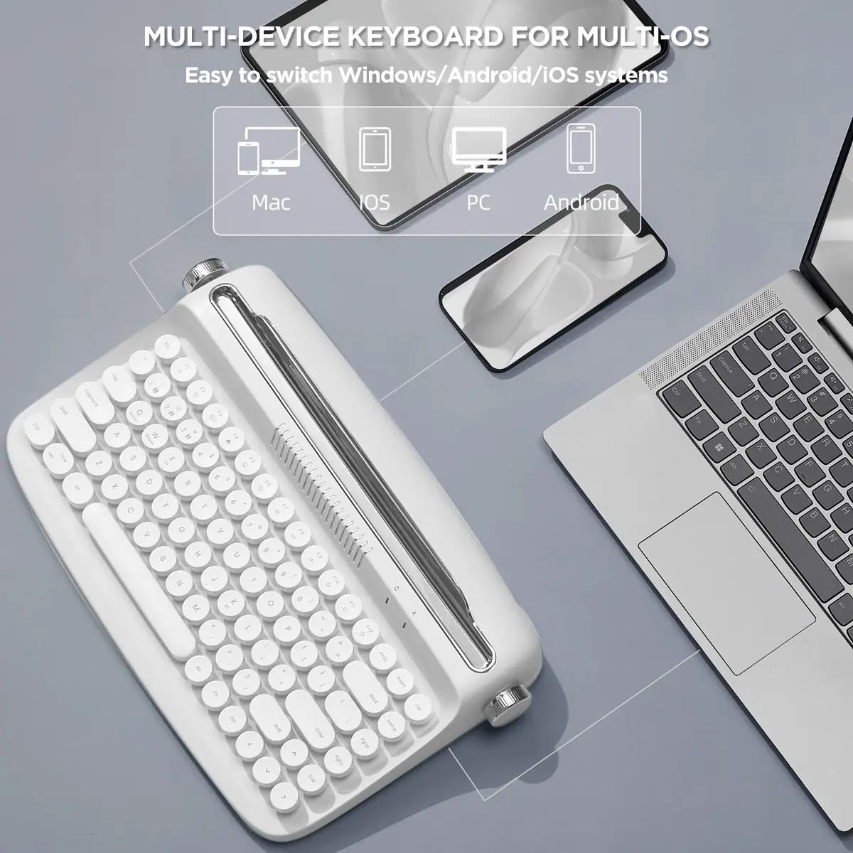 YUNZII ACTTO B303 Wireless Retro Typewriter Bluetooth Keyboard Snow White | Compact, Vintage Style - view 3
