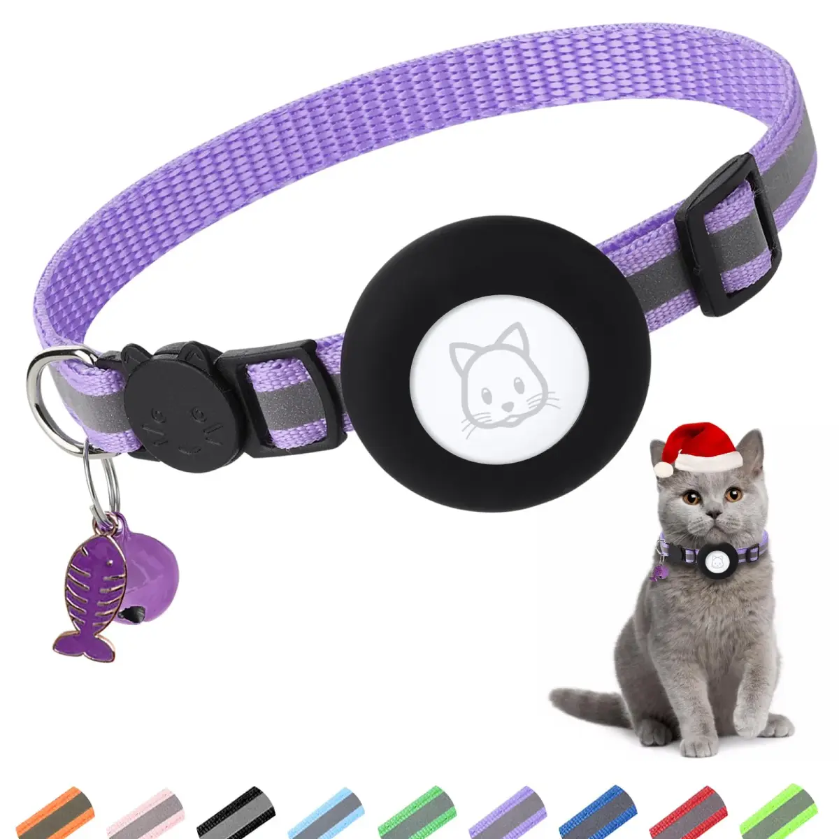 SimpleThings Purple Airtag Cat Collar with Bell & Safety Buckle | 2.54 cm (1 inch) Width, 22-35 cm (8.66-13.78 inch) Neck Size - main product image