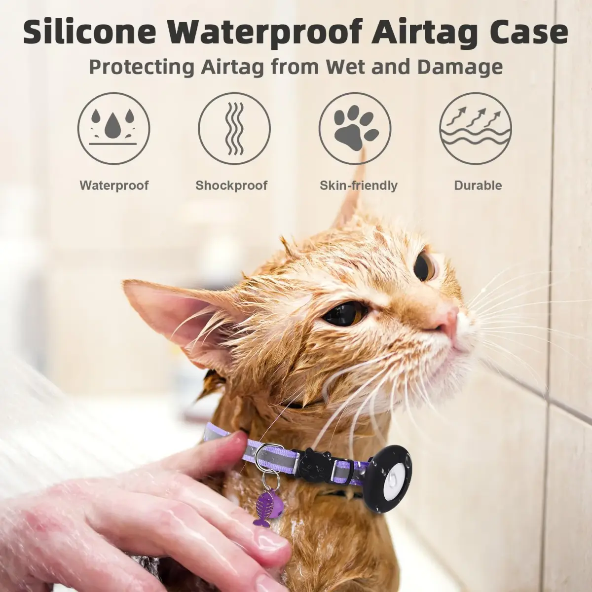 SimpleThings Purple Airtag Cat Collar with Bell & Safety Buckle | 2.54 cm (1 inch) Width, 22-35 cm (8.66-13.78 inch) Neck Size - view 6