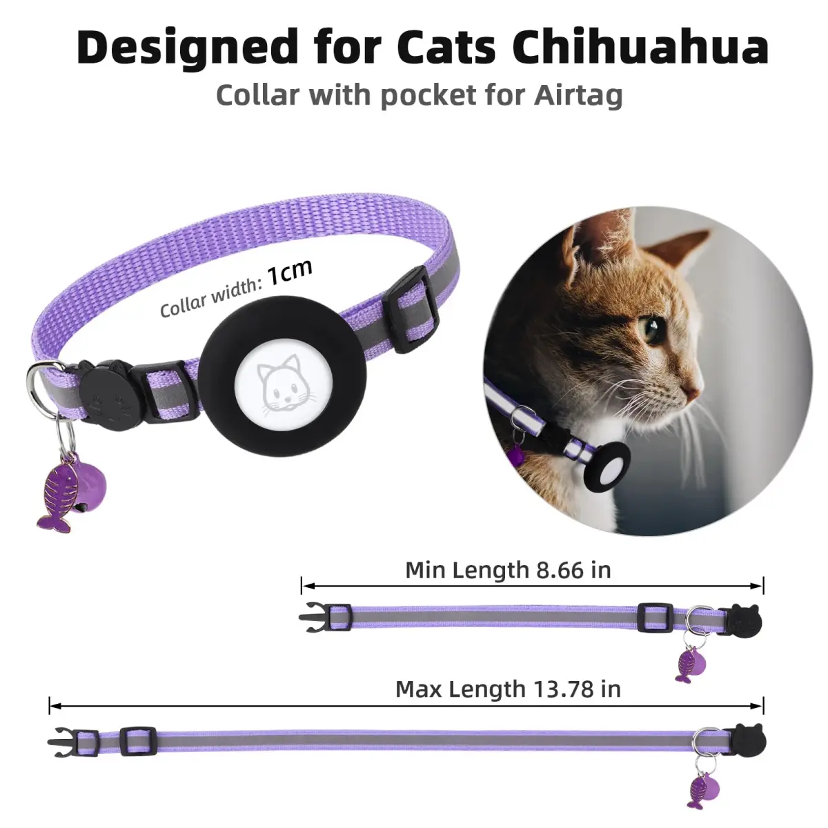 SimpleThings Purple Airtag Cat Collar with Bell & Safety Buckle | 2.54 cm (1 inch) Width, 22-35 cm (8.66-13.78 inch) Neck Size - view 7