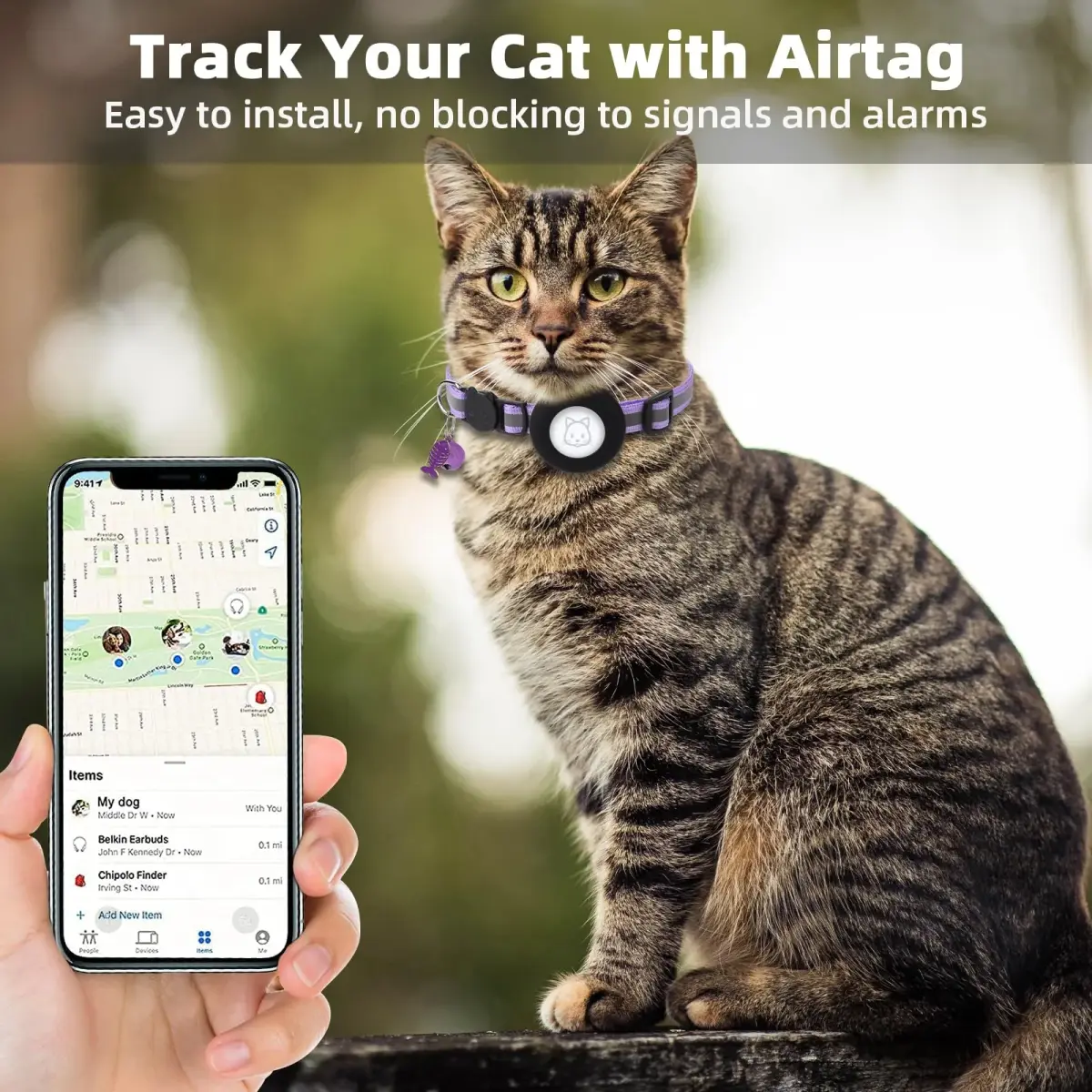 SimpleThings Purple Airtag Cat Collar with Bell & Safety Buckle | 2.54 cm (1 inch) Width, 22-35 cm (8.66-13.78 inch) Neck Size - view 2