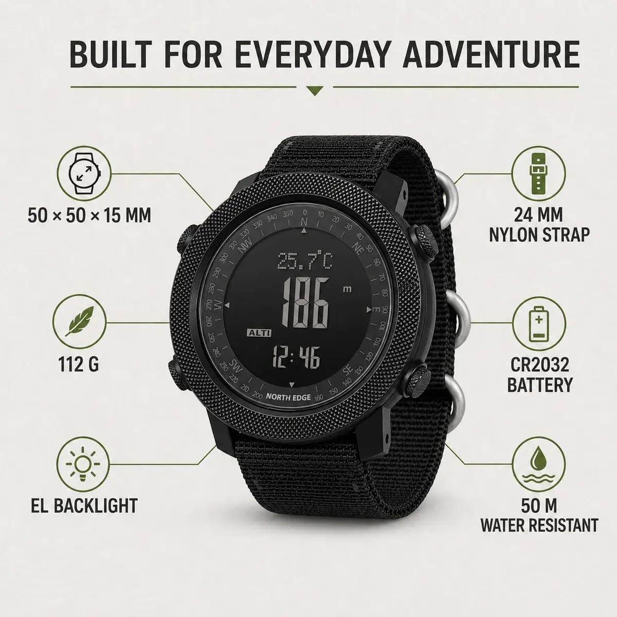 NORTH EDGE Apache Men's Survival Tactical Watch 50mm | Altimeter, Barometer, Compass, Weather Prediction - view 6
