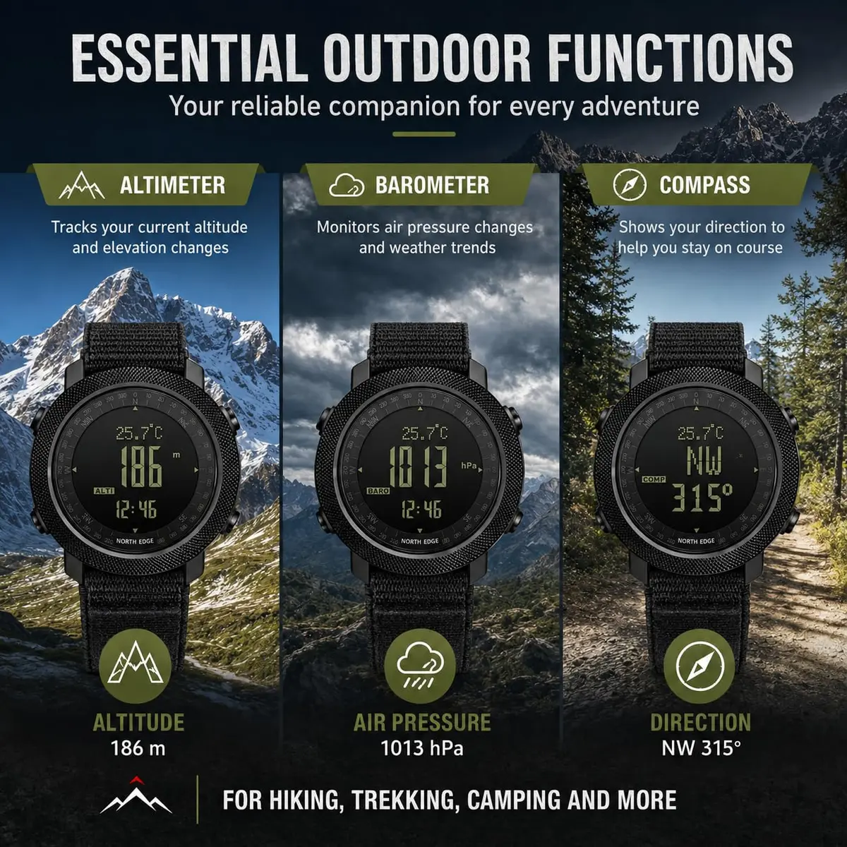 NORTH EDGE Apache Men's Survival Tactical Watch 50mm | Altimeter, Barometer, Compass, Weather Prediction - view 3