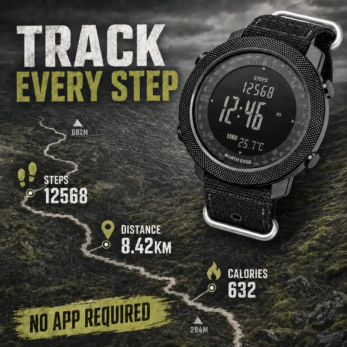 NORTH EDGE Apache Men's Survival Tactical Watch 50mm | Altimeter, Barometer, Compass, Weather Prediction - view 4