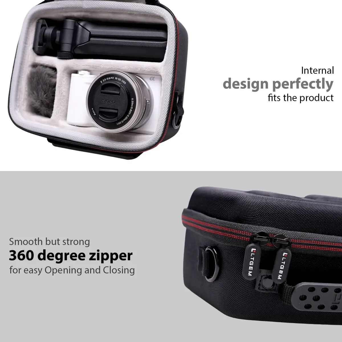 LTGEM Camera Case for Sony ZV-E10/ZV-1/ZV-1F/ZV-1 II, 20.3cm (8") L x 15.2cm (6") W x 10.4cm (4.1") H, Black+Grey | Fits Vlogger Accessory Kit - view 5