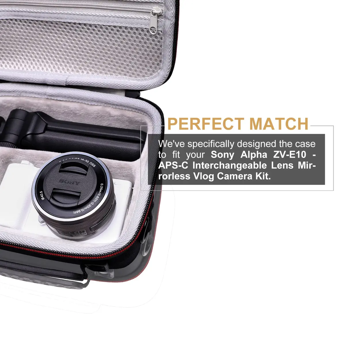 LTGEM Camera Case for Sony ZV-E10/ZV-1/ZV-1F/ZV-1 II, 20.3cm (8") L x 15.2cm (6") W x 10.4cm (4.1") H, Black+Grey | Fits Vlogger Accessory Kit - view 6