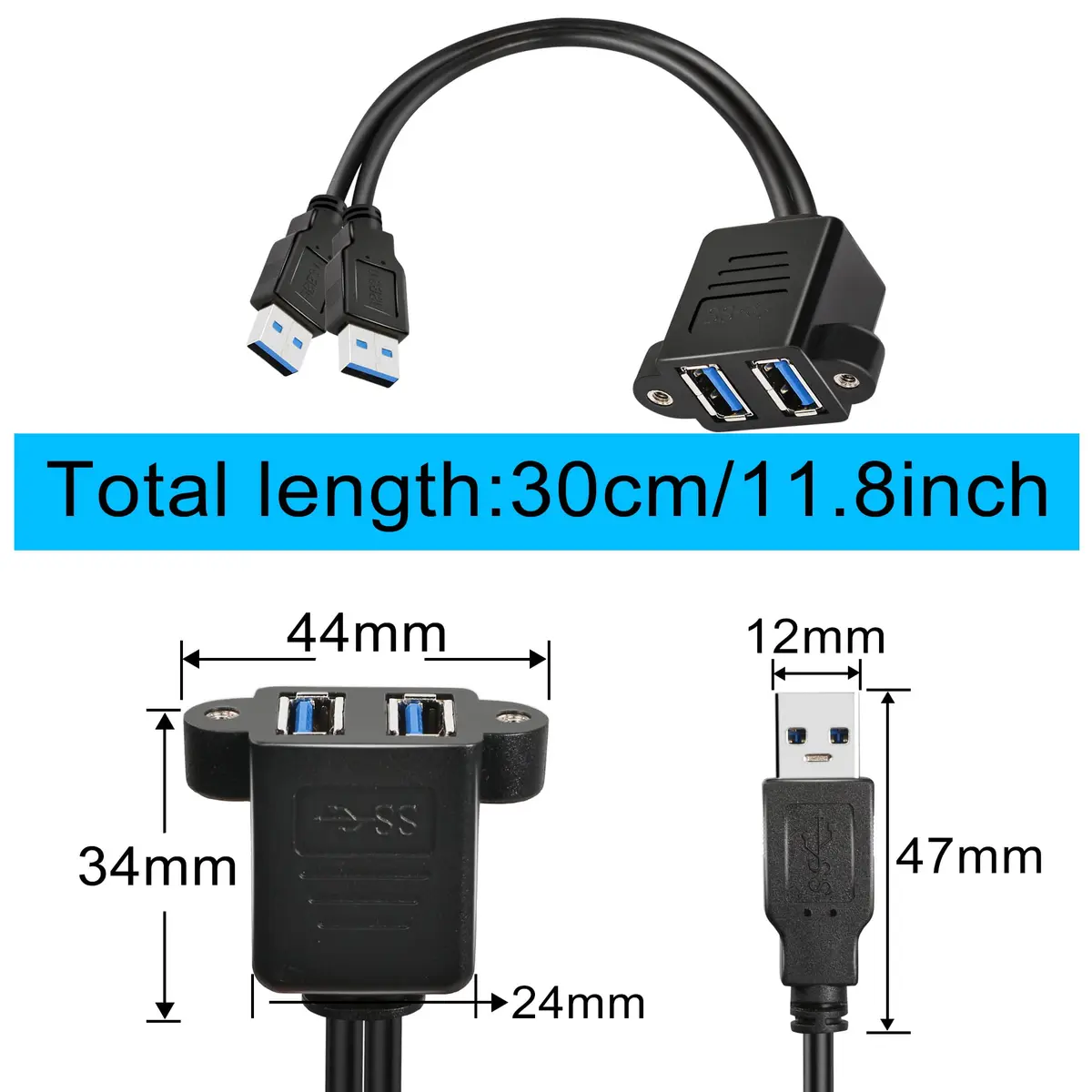GINTOOYUN Dual USB 3.0 Cable with Panel Mount Screw Hole, 0.3m | High-Speed Data & Durable Design for Family & Office - view 6