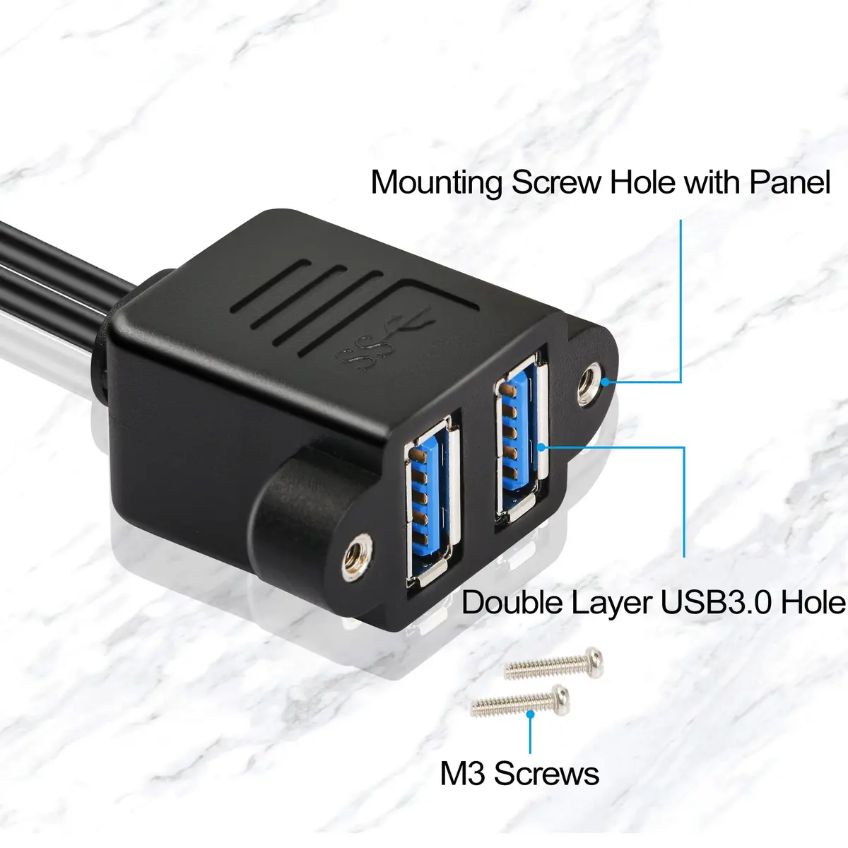 GINTOOYUN Dual USB 3.0 Cable with Panel Mount Screw Hole, 0.3m | High-Speed Data & Durable Design for Family & Office - view 2