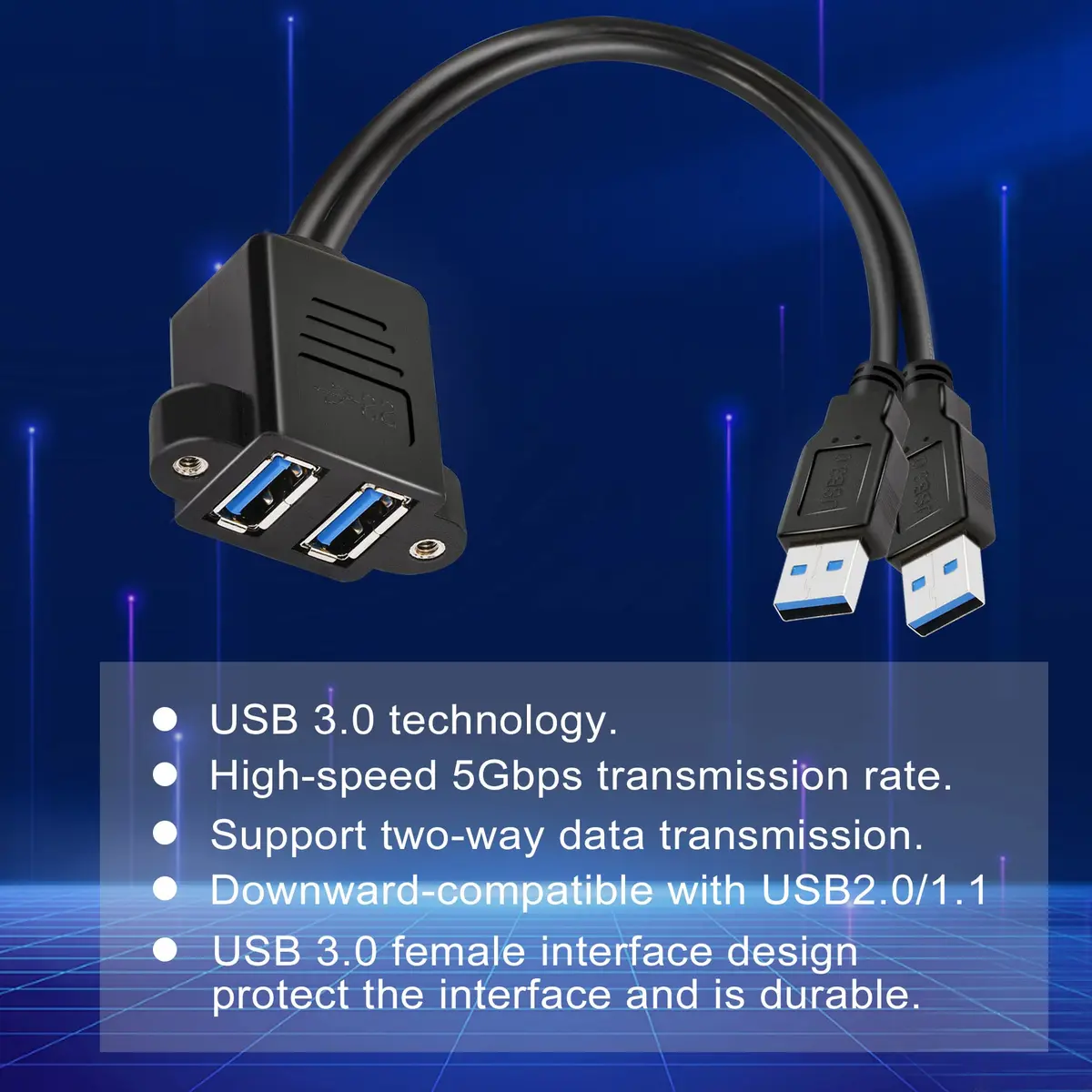 GINTOOYUN Dual USB 3.0 Cable with Panel Mount Screw Hole, 0.3m | High-Speed Data & Durable Design for Family & Office - view 3