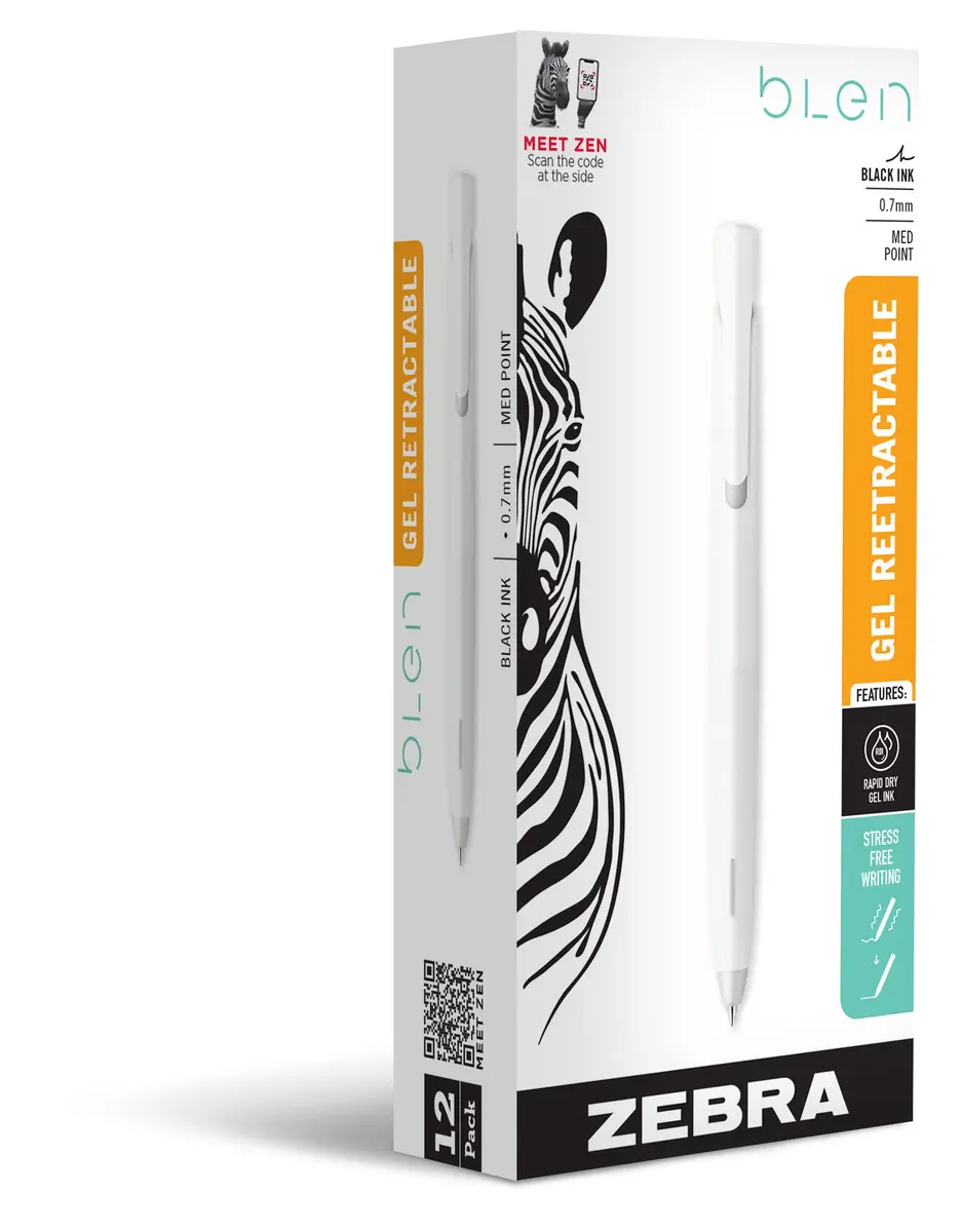 Zebra Pen bLen White Retractable Gel Pen, Black Ink, 0.7mm, 12-Pack | Smooth Ink Flow Writing Instrument - main product image