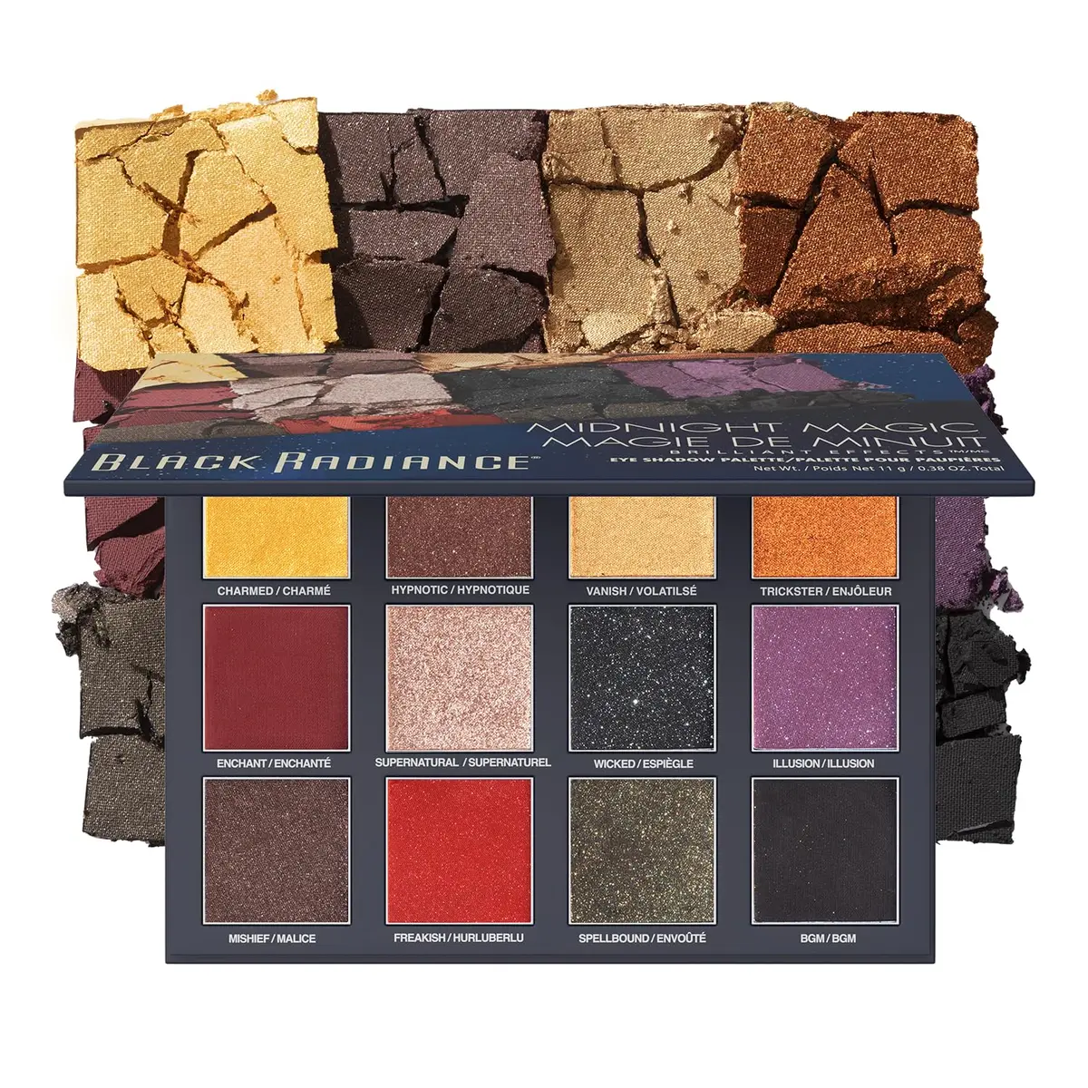 Black Radiance Brilliant Effects Eye Shadow Palette, 12 Intense Ultra Pigmented Powder, Buildable & Blendable Versatile Matte to Shimmer Finishes, Cruelty-Free & Vegan - Midnight Magic | 12 rich powders, matte to shimmer, cruelty-free - main product image