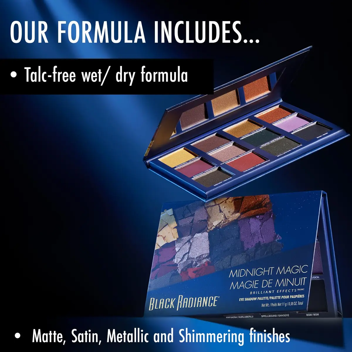 Black Radiance Brilliant Effects Eye Shadow Palette, 12 Intense Ultra Pigmented Powder, Buildable & Blendable Versatile Matte to Shimmer Finishes, Cruelty-Free & Vegan - Midnight Magic | 12 rich powders, matte to shimmer, cruelty-free - view 2