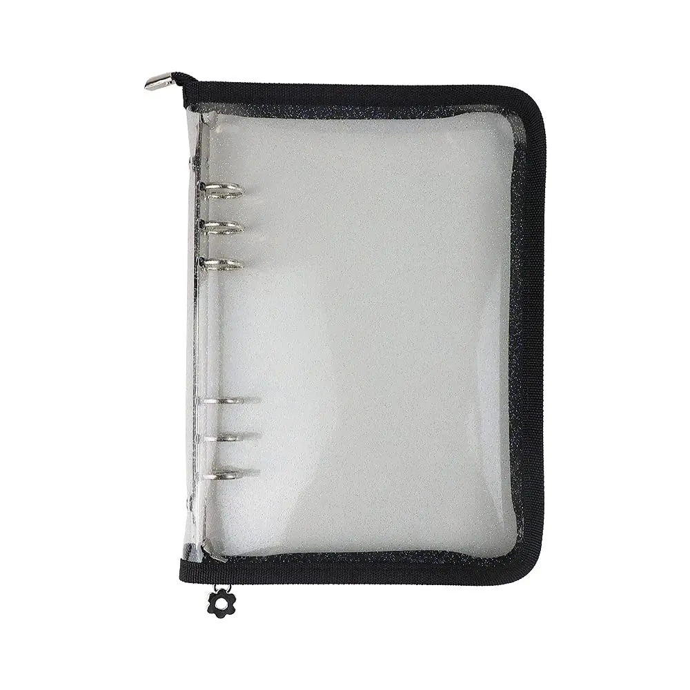 Mogoostry A5 Binder Cover Refillable 6 Ring Notebook Clear PVC Zipper Black - main product image