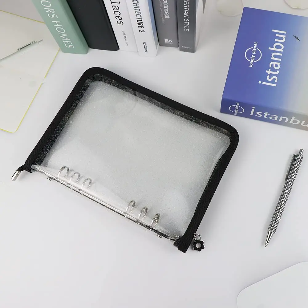 Mogoostry A5 Binder Cover Refillable 6 Ring Notebook Clear PVC Zipper Black - view 8