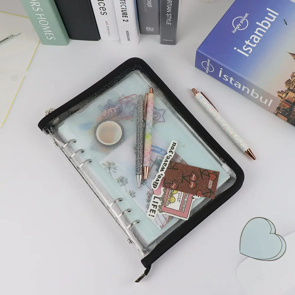Mogoostry A5 Binder Cover Refillable 6 Ring Notebook Clear PVC Zipper Black - view 3