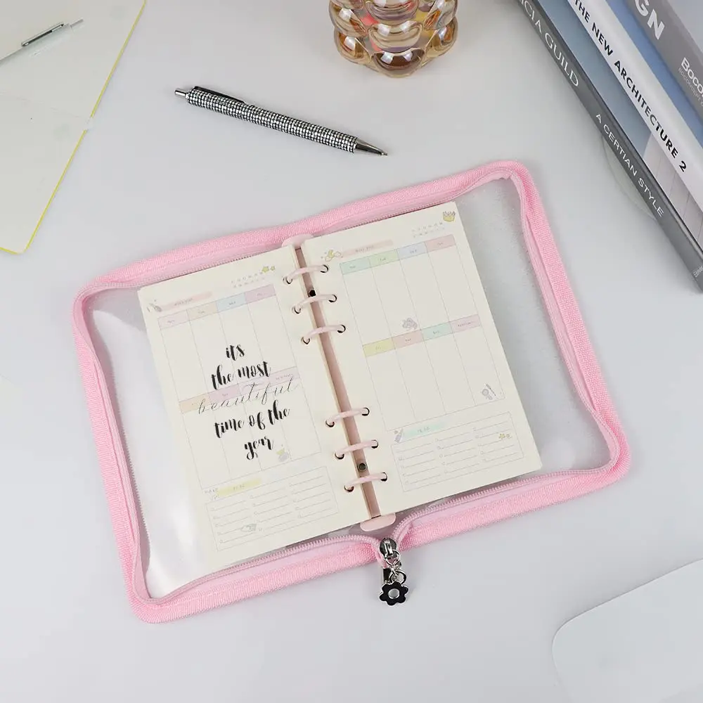 Mogoostry A6 Binder Cover Refillable 6 Ring | Clear Soft PVC Pink Zipper - view 4