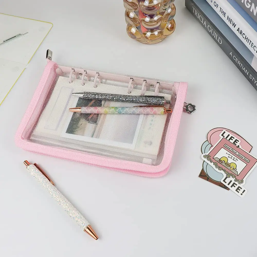 Mogoostry A6 Binder Cover Refillable 6 Ring | Clear Soft PVC Pink Zipper - view 7