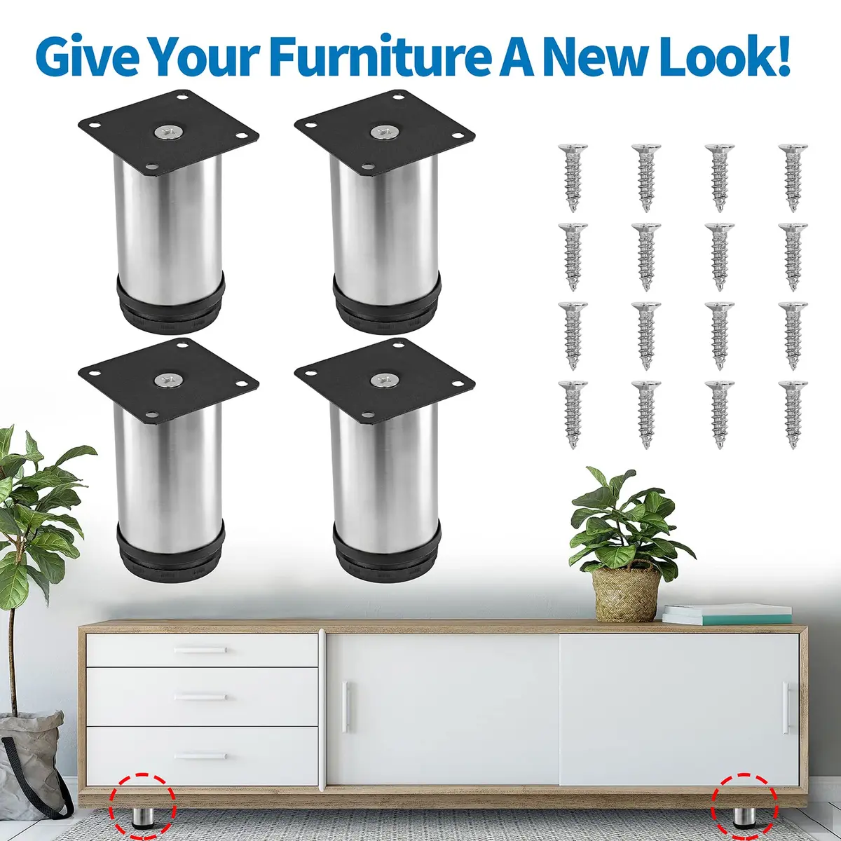 Masendelk Stainless Steel Adjustable Furniture Legs 4 Inch | Silver, 4pcs, Supports Up to 88lbs - view 2